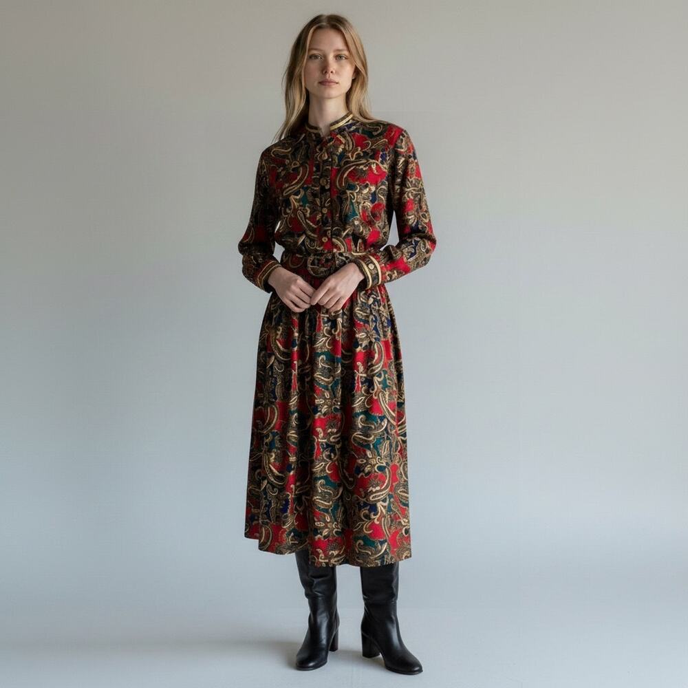 Vintage California Design Dorothy Samuel Paisley Belted Midi Dress12 USA Rayon